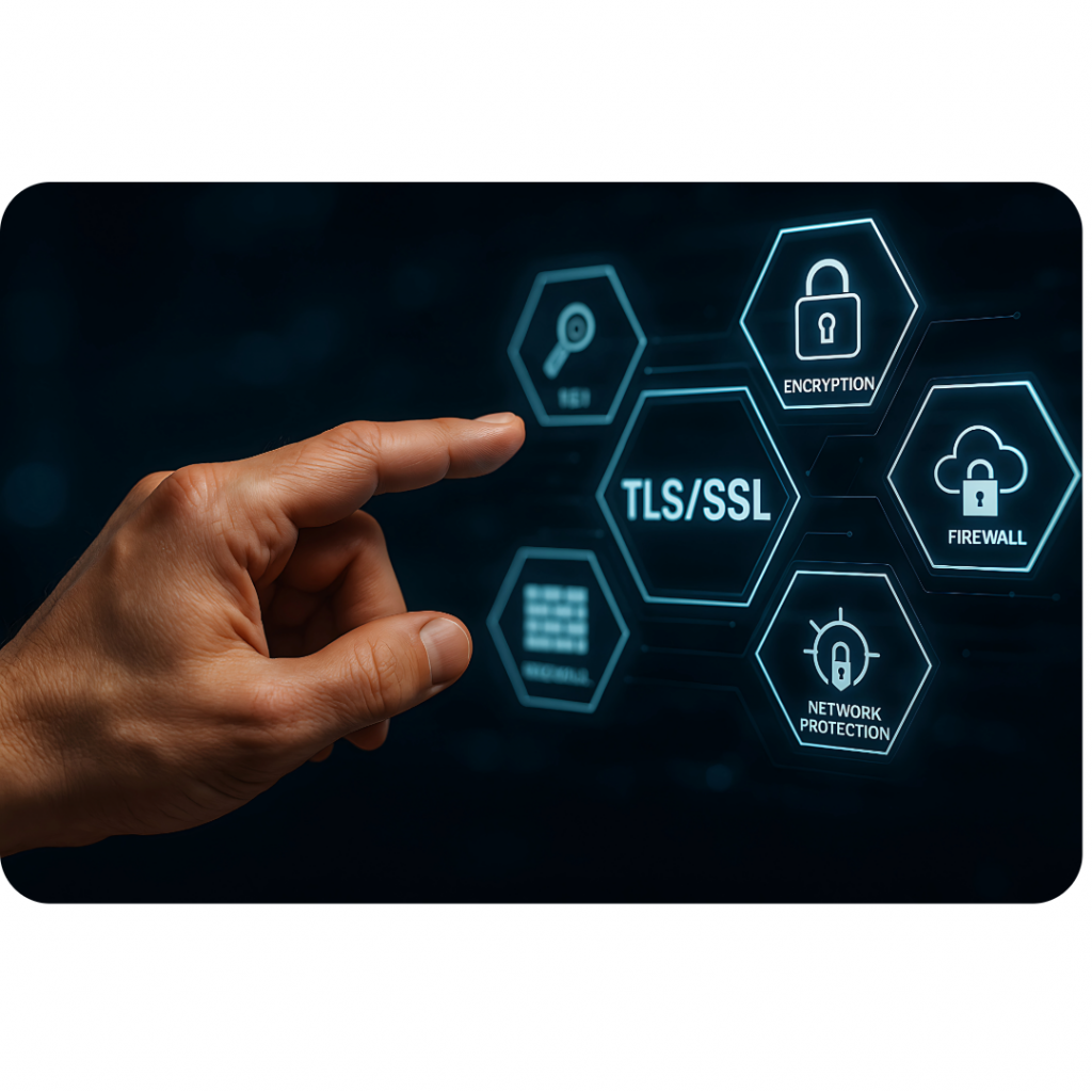 Businessman Pressing Virtual TLS Button – Transport Layer Security for Cloud Computing, SaaS, AWS, and Web Encryption