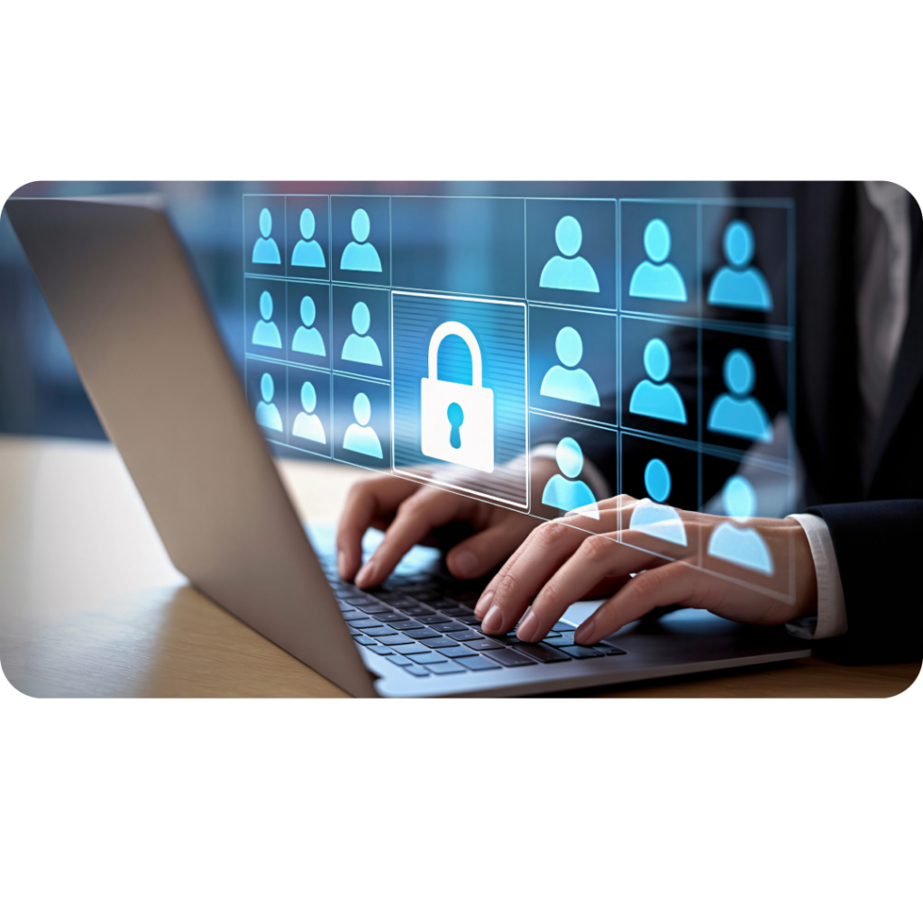 Data security professional types on laptop managing user access and privacy settings online