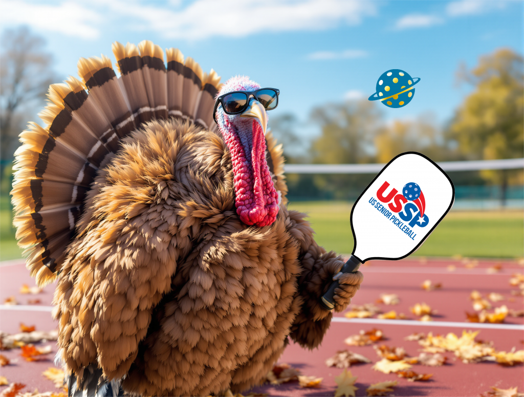Turkey playing pickleball with USSP logo paddle